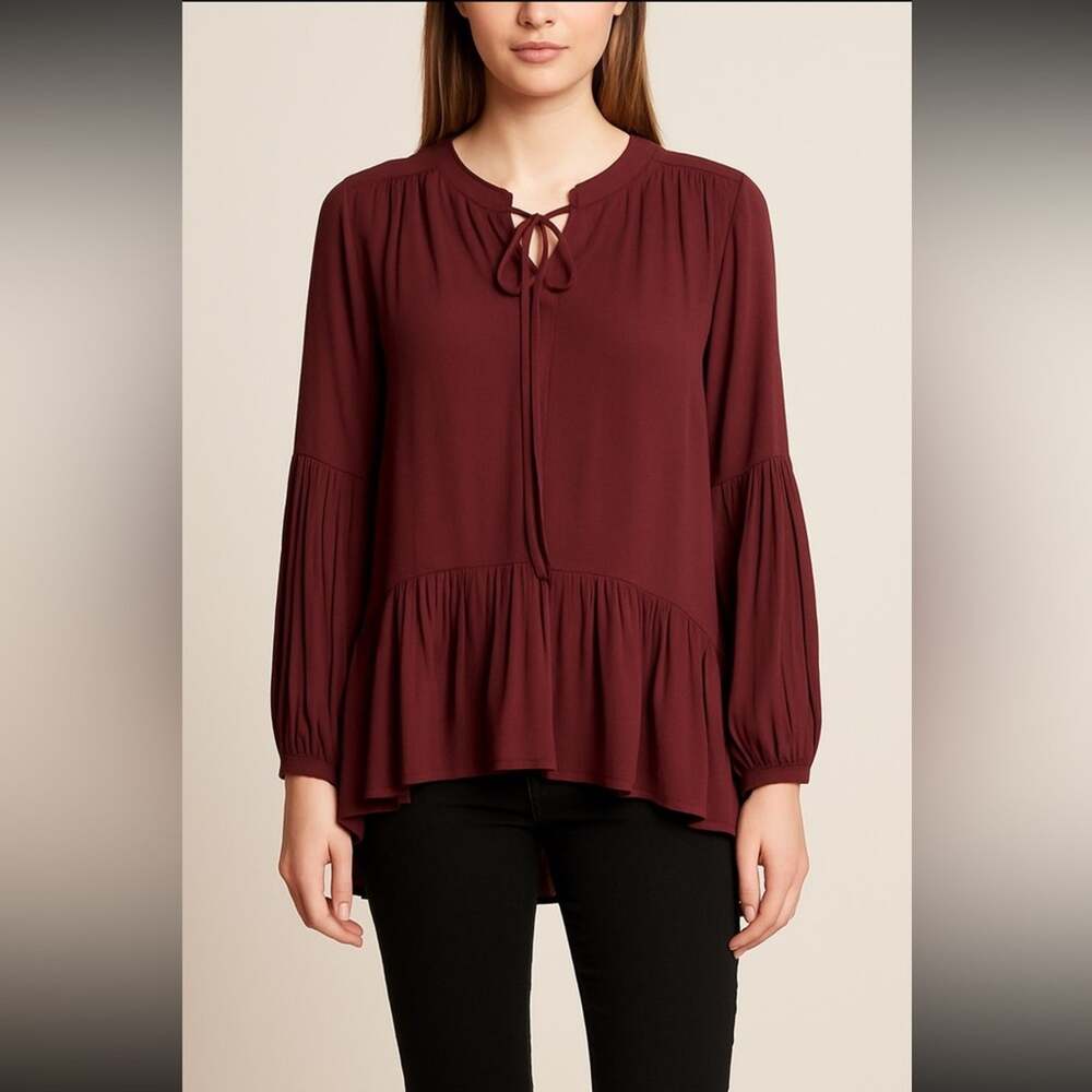 Ro & De Maroon Split Neck Peasant Blouse | Anthropologie | Size Medium